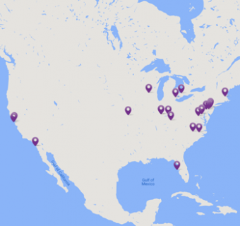 Map of North America with map pins on facility locations
